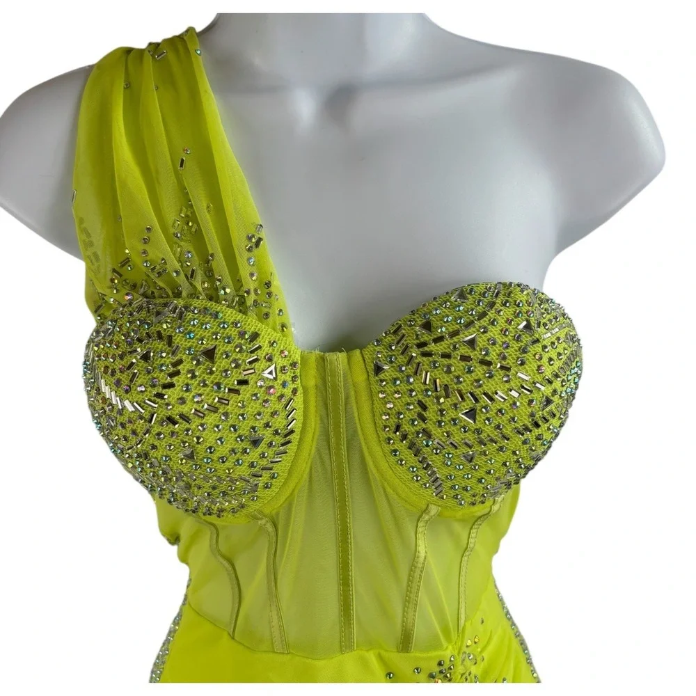 Banjul Neon Lime Green Corset Mini Dress Sz XS/S One Shoulder Rhinestone Beaded - Picture 2 of 11